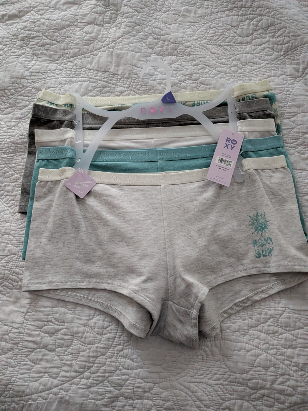Roxy Ladies Heather Gray, Teal and Ivory Cotton Boy shorts ...Large